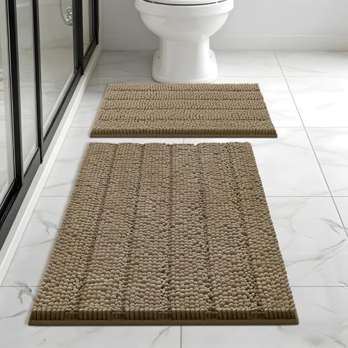 Bcoimo Bath Rugs Mat Set,2 Piece Non Slip Chenille Latte Bathroom Mat Sets | Extra Soft Bathroom Rug set;Non Slip with Rubber Backing Microfiber Mat;High Absorbent And Quick Drying mats;Machine Washable - color: Latte, size: 30"×20"Plus 24"×17"