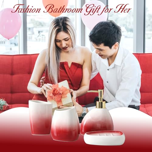 Bathroom Accessory Set, 4 Pcs White & Red Gradient Ceramic Bathroom Cabinet with Soap Dispenser Soap Dish Gargle Cup Toothbrush Holder, Fashion Bathroom Decor for Home Apartment Hotel (Red)