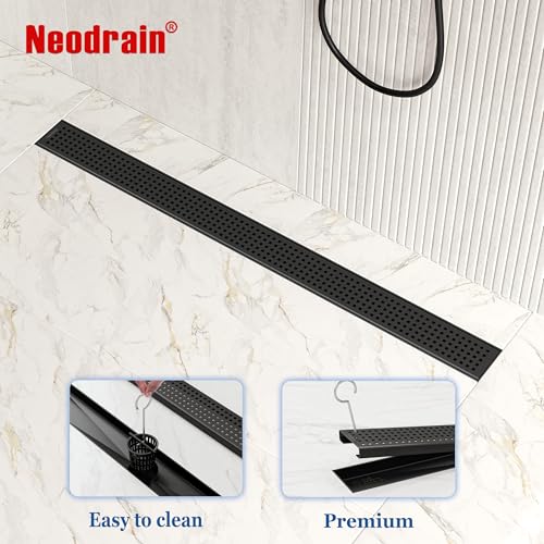 Neodrain 32" Linear Shower Drain, Matte Black 304 SS Bathroom Linear Drain | Black Shower Drain with Quadrato Grate& Adjustable Feet, Long Rectangle Shower Floor Drain in Bathroom, Balcony etc,cUPC - color: Matte Black, size: 32 In