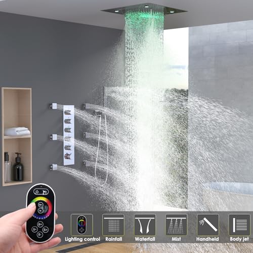 Enga 20 Inch Rain Shower System, LED Atomizing Rainfall Waterfall Large Horizontal Square Ceiling Shower Head with Remote Control Thermostatic Shower Faucet Set Flow Can Be Controlled, Chrome - color: Chrome, style: 20" Head (Rain + Mist+Waterfall) - Jets