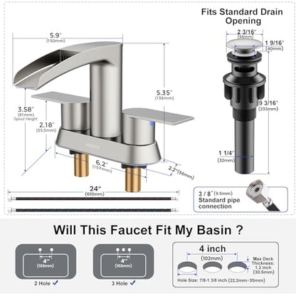 Bathroom Sink Faucet for 3 Hole, Hurran 4 Inch Bathroom Faucets with Pop-up Drain, Stainless Steel 2-Handle Waterfall Faucet for Sink, Brushed Nickel - color: Brushed Nickel