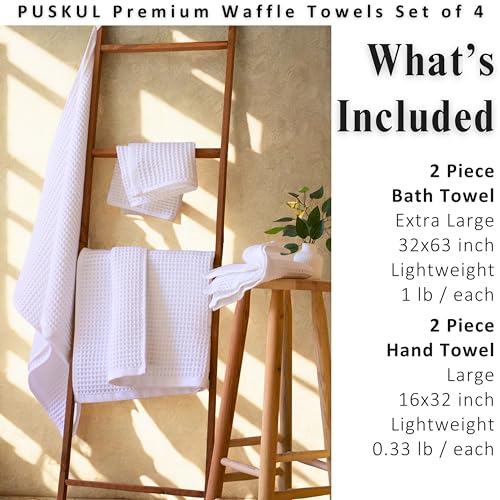 PÜSKÜL Natural 100% Turkish Cotton Waffle Towels Set for Bathroom (4-Piece) | 2-Bath sheet (Extra-large 32x63") and 2-Hand towel (Large 32x16"). Premium honeycomb-waffle weave, oeko-tex made in Turkiye. - color: White