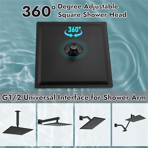 Midanya Square Rain Shower Head,High Pressure,Matte Black 8 Inch | 360°Swivel,Ceiling or Wall Mount,Waterfall Full Body Coverage,Bathroom Remodel,Stainless Steel Large Rainfall Shower Head - color: Black, size: 8 Inch