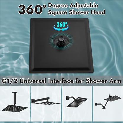 Midanya Square Rain Shower Head,High Pressure,Matte Black 8 Inch | 360°Swivel,Ceiling or Wall Mount,Waterfall Full Body Coverage,Bathroom Remodel,Stainless Steel Large Rainfall Shower Head - color: Black, size: 8 Inch