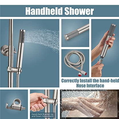 Aolemi Outdoor Shower Kit SUS304 with Cylinder Handheld Brushed Nickel | 2 Function,8 Inch Head,Cylinder Handheld Spray,Adjustable Height,Outside Exposed Shower Fixture,Single Handle,Wall Mount - color: Nickel