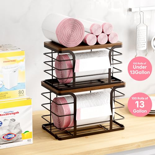 2 Pack Storage Stackable Kitchen Laundry Pantry Organizers,Wall Mount Trash Bag Holder Dispenser with Bamboo Top Countertop Organizer,Brown - color: 2 Pack-L&S Brown