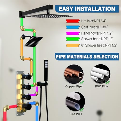 Enga Thermostatic Dual Shower System, 12"+6" Wall Mount Dual Rain Shower Faucet, All Functions Use Together & Volume Adjustable, Matte Black - color: Matte Black, style: ‎12"+6" Head