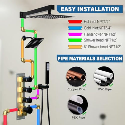 Enga Thermostatic Dual Shower System, 12"+6" Wall Mount Dual Rain Shower Faucet, All Functions Use Together & Volume Adjustable, Matte Black - color: Matte Black, style: ‎12"+6" Head