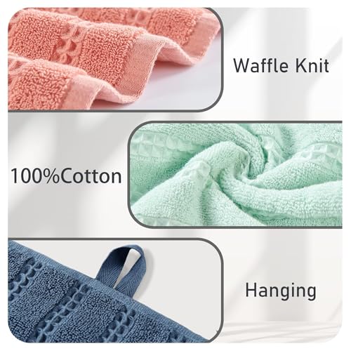 VOOVA & MOVAS Hand Towels 4PC,13"x30", 100% Cotton,Multicolor | Waffle Weave Fabric, Soft Lightweight & Absorbing, Quick Dry & Non-fading, Unshrinkable - color: Navy + Pink + Mint + Gray