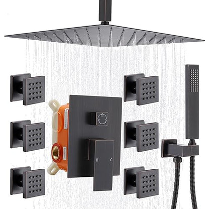 Enga Rainfall Shower System with 6 Body Jets 12" Ceiling Mount Rain Shower, Multi Shower Head System Shower Contain Rough-in Shower Valve, Oil Rubbed Bronze - color: Oil Rubbed Bronze, style: Ceiling Mount - 6 Jets