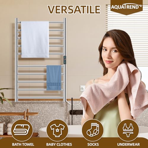 Towel Warmers for Bathroom, 10 Bar Large Heated Towel Rack, Brushed Nickel | Smart LED Control Time & Temp, IPX4 Waterproof Stainless Steel, Plug-in, Fast Heating Large Capacity for Bathroom Spa Gym