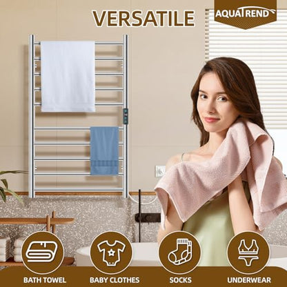 Towel Warmers for Bathroom, 10 Bar Large Heated Towel Rack, Brushed Nickel | Smart LED Control Time & Temp, IPX4 Waterproof Stainless Steel, Plug-in, Fast Heating Large Capacity for Bathroom Spa Gym