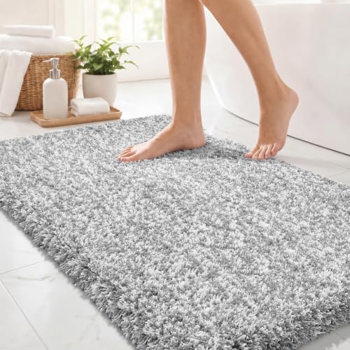 Yimobra Bathroom Rugs Non Slip Washable 36X24, Ultra Soft and Water Absorbent Bath Mats, Plush Fluffy Shower Mat Outside, Luxury Microfiber Thick Matts for Bathroom Floor/Tub, Light Gray and White - color: Light Gray and White, size: 36" X 24"