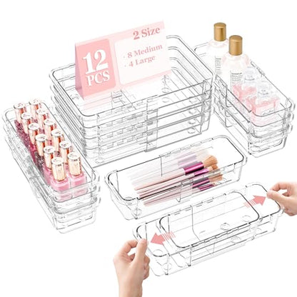 DILIBRA 12 Pcs Clear Extendable Drawer Organizer, Adjustable Drawer Storage | 2-Size Desk Drawer Organizer, Plastic Non-Slip Storage Bins for Makeup Cosmetic Jewelries Utensils Stationery Dressers Tool - size: 4Pcs Large + 8Pcs Medium