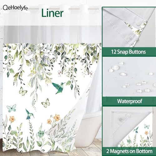 Sage Green Eucalyptus No Hook Shower Curtain with Snap in Liner- Hummingbird Shower Curtains for Bathroom- Fabric Inner Liner, Garden Butterflies Bath Curtains- Machine Washable,71 x 74 - color: Green Hummingbird