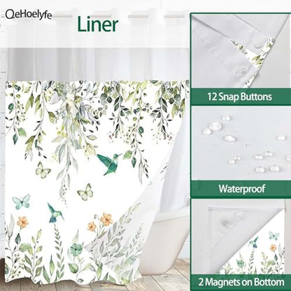 Sage Green Eucalyptus No Hook Shower Curtain with Snap in Liner- Hummingbird Shower Curtains for Bathroom- Fabric Inner Liner, Garden Butterflies Bath Curtains- Machine Washable,71 x 74 - color: Green Hummingbird