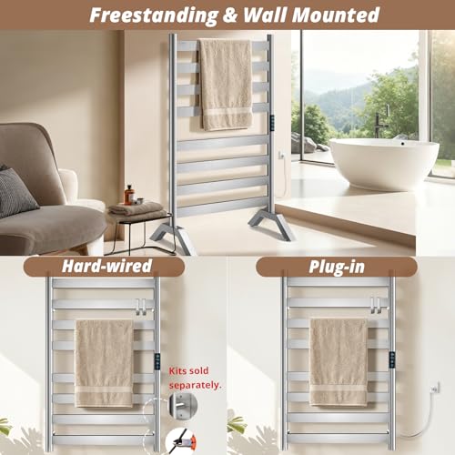 Heated Towel Rack Freestanding & Wall-Mounted, WiFi 8 Bar Towel Warmer Rack | WiFi Control, Extra-Wide Heating, Child Safety Lock, 1-24H Timer & Multi-Level Temp, Stainless Steel, Plug-in, Brushed Nickel - color: Brushed Nickel