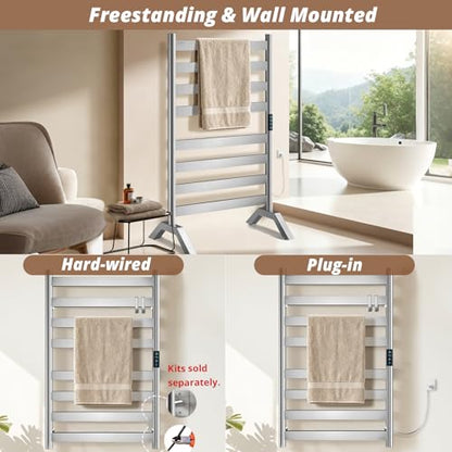 Heated Towel Rack Freestanding & Wall-Mounted, WiFi 8 Bar Towel Warmer Rack | WiFi Control, Extra-Wide Heating, Child Safety Lock, 1-24H Timer & Multi-Level Temp, Stainless Steel, Plug-in, Brushed Nickel - color: Brushed Nickel