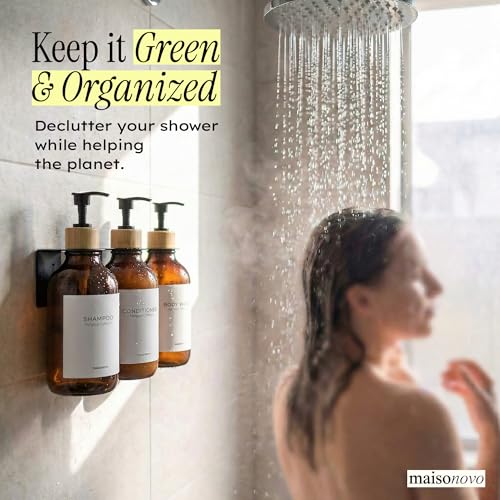 MaisoNovo Shampoo and Conditioner Dispenser|Refillable Amber Bamboo 3-Pack | 500 ml Shower Gel Dispenser Set of 3. Refillable Shampoo and Conditioner Bottles. Drill Free Secure Design. Amber Bamboo - color: Amber Bamboo Set of 3