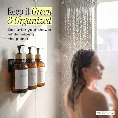 MaisoNovo Shampoo and Conditioner Dispenser|Refillable Amber Bamboo 3-Pack | 500 ml Shower Gel Dispenser Set of 3. Refillable Shampoo and Conditioner Bottles. Drill Free Secure Design. Amber Bamboo - color: Amber Bamboo Set of 3