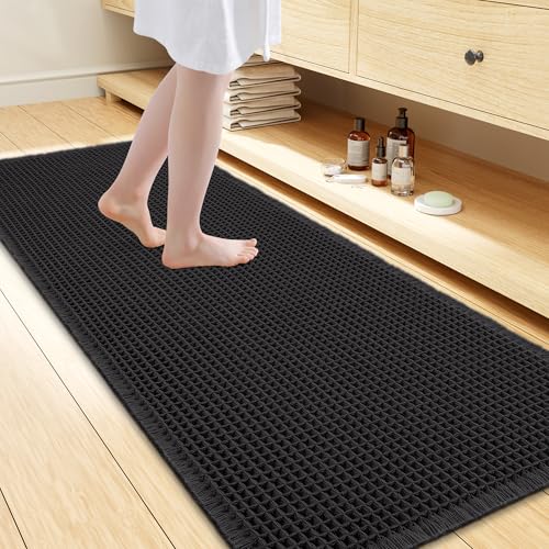 Smiry Waffle Bath Mat 47x24, Extra Soft Absorbent Bathroom Rugs, Non Slip Machine Washable Quick Dry Bath Rugs for Bathroom Floor, Tub, Shower, Home Decor Accessories, Black - color: Black, size: 47" X 24"