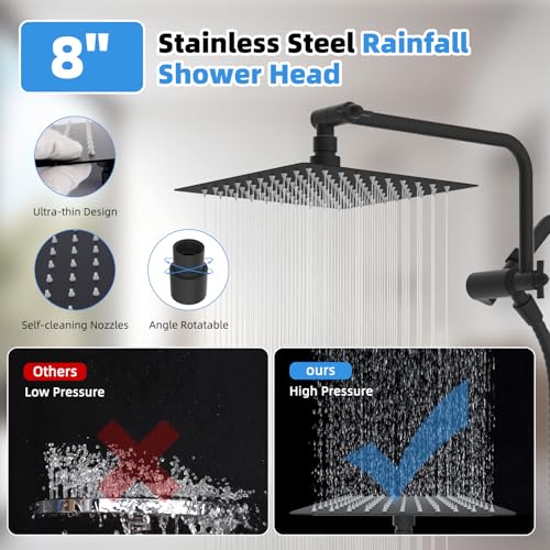8" Metal Rainfall Shower Head with 10-Mode Handheld, Matte Black | NSF/ANSI/CAN 372 Certified, High Pressure Showerhead Combo with 11" Adjustable Shower Arm, 71" Hose, Shower Head Holder - color: Matte Black, style: Square 8"