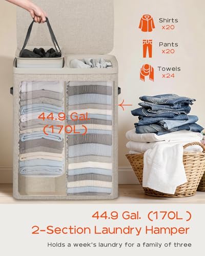 CASAMAYA Laundry Basket with Lid, Laundry Hamper 2 Section, 170L collapsible Laundry Organizer, Easy Assembly, with Handles and Removable Liners, 22 x 15.7 x 29.5 Inches, Beige JSP903M - color: Beige, size: 170L(2-Section)