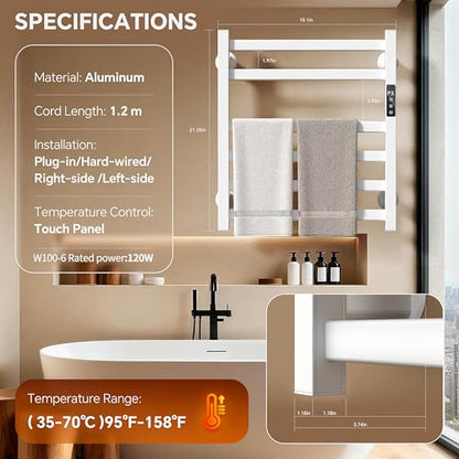 Electric Towel Warmer Wall Mounted, Heated Towel Rack with Intelligent Timer & Temperature Control, Plug-in or Hardwired, Left/Right Compatible, 21 Inch, White - color: White, size: 21 Inch