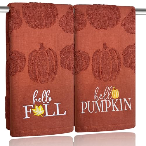 2 Pack Fall Hand Towel Jacquard Embroidered Cotton Kitchen Towels Farmhours Thankful Bath Towels Set Thanksgiving Bathroom Decor (Red Hello Fall, 2*Hand Towel) - color: Red Hello Fall
