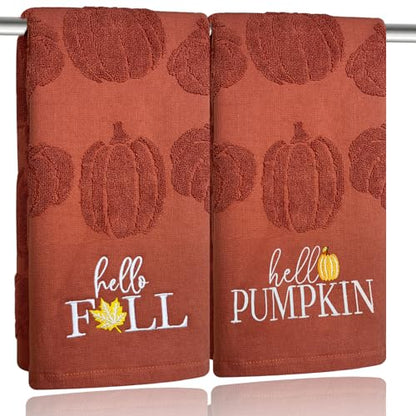 2 Pack Fall Hand Towel Jacquard Embroidered Cotton Kitchen Towels Farmhours Thankful Bath Towels Set Thanksgiving Bathroom Decor (Red Hello Fall, 2*Hand Towel) - color: Red Hello Fall