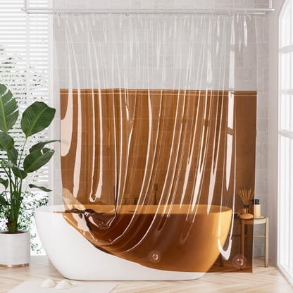 AmazerBath 100% EVA Shower Curtain Liner, 72 x 72 Inches Heavy Duty Shower Curtain and Liner 2-in-1 with 3 Clear Stones and 12 Brass Grommets, Color Block Soft Shower Liner - Clear & Amber - color: Rainbow Flip Caramel Latte
