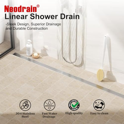 Neodrain 72" Linear Shower Drain, Brushed 304 SS Bathroom Linear Drain,cUPC | Brushed Nickel Shower Drain with Quadrato Grate& Adjustable Feet, Long Rectangle Shower Floor Drain in Bathroom, Balcony etc - color: Brushed Nickel, size: 72 In