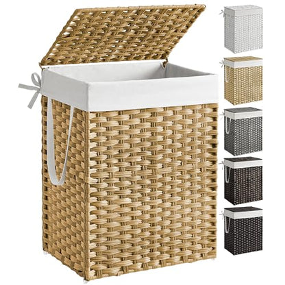 SONGMICS Laundry Hamper with Lid, 23.8 Gallon (90 L) Synthetic Rattan Clothes Laundry Basket with Lid and Handles, Foldable, Removable Liner, Goose Yellow ULCB51NL - color: Goose Yellow, size: 90 L