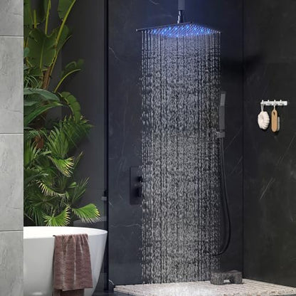 Aolemi Ceiling Shower Faucet Set with Handheld 16" LED Head Matte Black | Handheld Spray,16 Inch Rain LED Head,Shower Valve and Trim Kit,All Metal,Ceiling System,Bathroom Mixer - color: Black, size: 16 Inch LED Shower Head