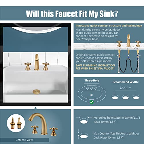 Widespread Bathroom Faucet 3 Hole Sink Faucet 8 Inch Two Cross Handles Solid Brass Deck Mount Pop Up Drain Assembly Included Curved Spout Antique Brass - color: Antique Brass