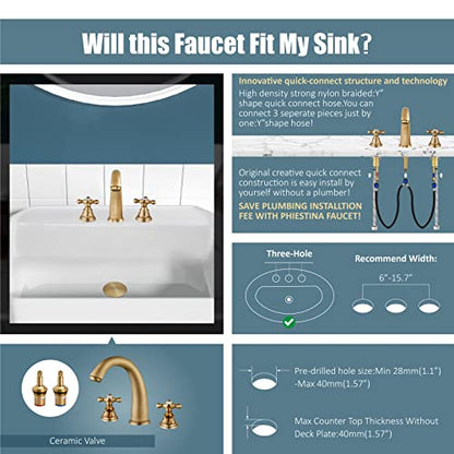 Widespread Bathroom Faucet 3 Hole Sink Faucet 8 Inch Two Cross Handles Solid Brass Deck Mount Pop Up Drain Assembly Included Curved Spout Antique Brass - color: Antique Brass