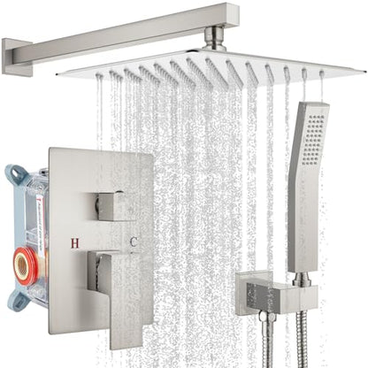 gotonovo Rainfall Bathroom Shower System Rain Shower Head and Handle Set Wall Mounted Shower Complete Combo Solid Brass Pressure Balancing Shower Mixer Valve 12 Inch Brushed Nickel - color: Brushed Nickel, size: 12 Inch