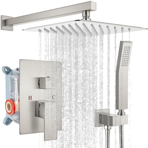 gotonovo Rainfall Bathroom Shower System Rain Shower Head and Handle Set Wall Mounted Shower Complete Combo Solid Brass Pressure Balancing Shower Mixer Valve 12 Inch Brushed Nickel - color: Brushed Nickel, size: 12 Inch