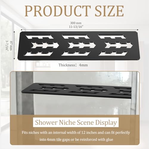 12 Inch Shower Niche Shelf Frosted Anodized Aluminum Finish Tile Insert | Rectangular Shelf for 12 Inch Tile Prefabricated Niches, Fits 1/8 Inch Grout Lines, Shower Niche Insert Frosted Anodized - size: Aluminum - Black