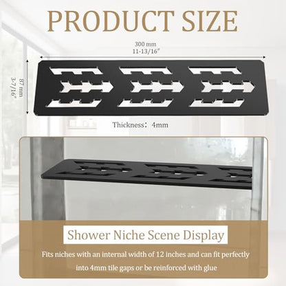 12 Inch Shower Niche Shelf Frosted Anodized Aluminum Finish Tile Insert | Rectangular Shelf for 12 Inch Tile Prefabricated Niches, Fits 1/8 Inch Grout Lines, Shower Niche Insert Frosted Anodized - size: Aluminum - Black