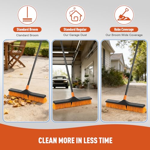CLEANHOME Rubber Floor Squeegee for Concrete Floor, Tile Floor-24”Push Broom Brush for Floor Cleaning with 65” Long Handle and Stiff Bristles