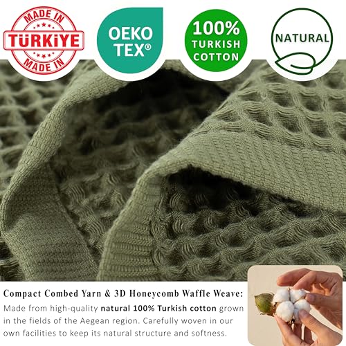 PÜSKÜL Natural 100% Turkish Cotton Waffle Towels Set of 4-Piece Khaki Green | 2-Bath sheet (Extra-large 32x63") and 2-Hand towel (Large 32x16"). Premium honeycomb-waffle weave, oeko-tex made in Turkiye. - color: Khaki Green