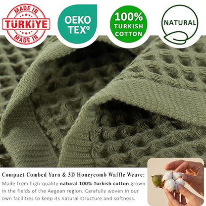 PÜSKÜL Natural 100% Turkish Cotton Waffle Towels Set of 4-Piece Khaki Green | 2-Bath sheet (Extra-large 32x63") and 2-Hand towel (Large 32x16"). Premium honeycomb-waffle weave, oeko-tex made in Turkiye. - color: Khaki Green