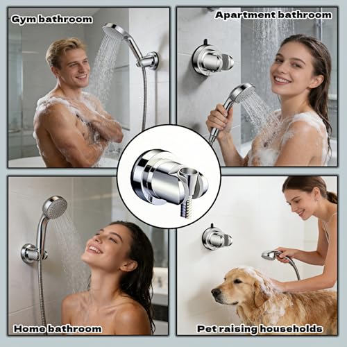 Vacuum Suction Cup Shower Head Holder, Adjustable Height No Drill Shower Arm Bracket with 360° Swivel, Handheld Shower Holder for Tile/Glass, Chrome Finish, Strong Hold for up to 11 lbs