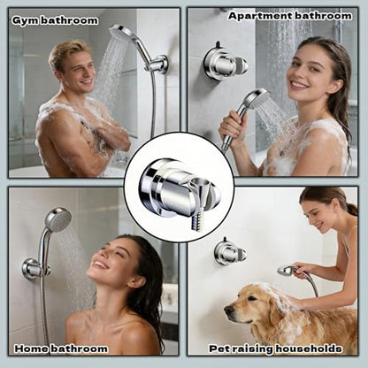 Vacuum Suction Cup Shower Head Holder, Adjustable Height No Drill Shower Arm Bracket with 360° Swivel, Handheld Shower Holder for Tile/Glass, Chrome Finish, Strong Hold for up to 11 lbs