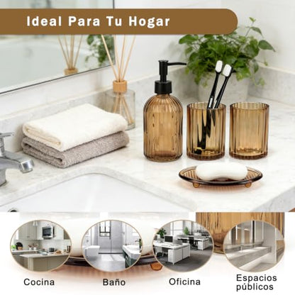 4Pcs Glass Bathroom Accessories Set, Amber Bathroom Set Glass Bathroom Decor Set with Complete Lotion Soap Dispenser, Toothbrush Holder, Mouthwash Cup, Soap Dish for Home Apartment