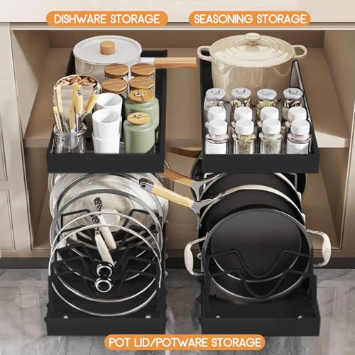 2 Pack Pull Out Pots and Pans Organizer Under Kitchen Cabinet | Pot Lid Organizer, Slide Out Cookware Storage Rack with 8 Adjustable Dividers, Pull Out Shelves for Dishware Seasoning, Black - size: 2 Pack