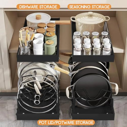 2 Pack Pull Out Pots and Pans Organizer Under Kitchen Cabinet | Pot Lid Organizer, Slide Out Cookware Storage Rack with 8 Adjustable Dividers, Pull Out Shelves for Dishware Seasoning, Black - size: 2 Pack