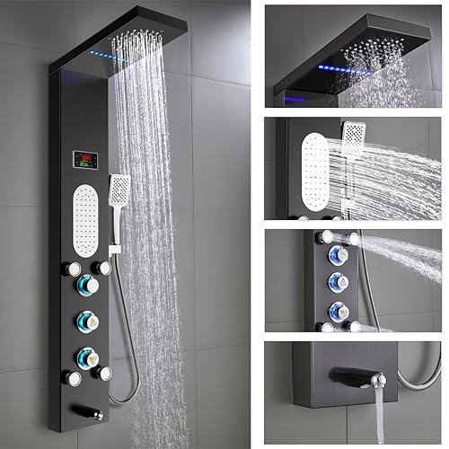 ELLO&ALLO LED Shower Panel Tower System, Rainfall and Mist Shower Head Rain Massage with Body Jets, Brushed Black - color: Black