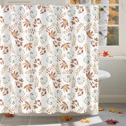 Moutina Maple Leaves Pumpkin Shower Curtain, Autumn Thanksgiving Home Decor Fall Bathtub Bathroom Curtain Set - 72x72 Inch Waterproof Polyester Fabric with Hooks - color: Fall-1
